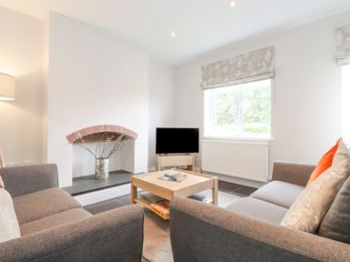 A living room with two sofas a coffee table a small television and a decorative fireplace at 1 Millbank in Keswick