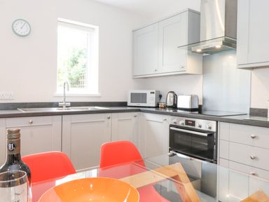 A kitchen with grey cabinets a microwave toaster kettle and oven at 1 Millbank in Keswick