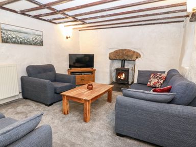 A living room with a wooden coffee table blue sofas a television and a fireplace at Is Y Graig in Beddgelert
