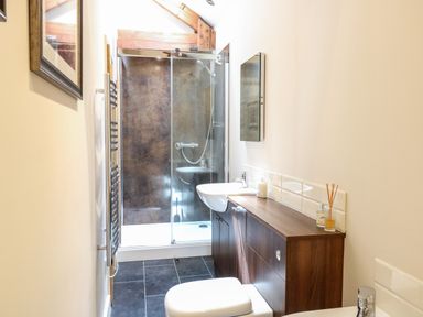 A bathroom with a shower, toilet, wooden cabinetry with a sink on top, and a mirror at The Barnhouse Felmingham near North Walsham