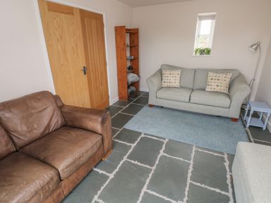 A living room with two sofas a blue rug a wooden shelf a small blue side table and a standing lamp at Ystabl Robyn in Llanddarog