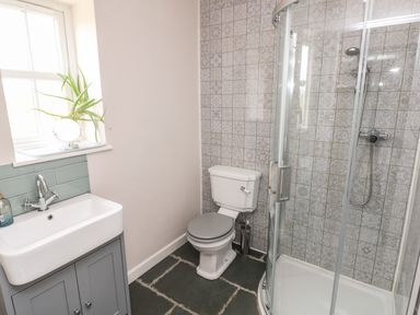 A bathroom with a sink under a window, a toilet, and a shower with patterned tile walls at Ystabl Robyn in Llanddarog