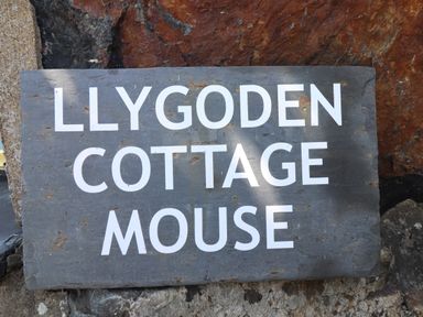 A stone sign with white letters reading Llygoden Cottage Mouse on a rock background at Llygoden Cottage in Beddgelert