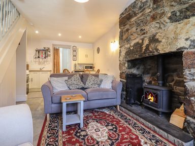 A living room with a stone fireplace and wood stove sofa and a red patterned rug at Llygoden Cottage in Beddgelert