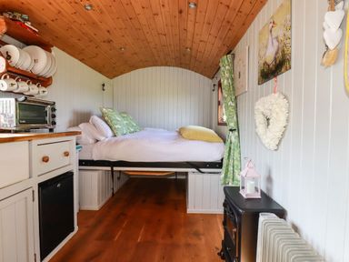 A small room with a bed, kitchen counter with toaster oven, shelves with dishes, and a heater at Puddle Duck Shepherds Hut in Crackington Haven