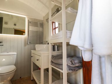 A bathroom with a toilet sink mirror shelving unit with towels and bathrobes hanging at Puddle Duck Shepherds Hut Crackington Haven