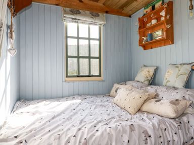 A bedroom with a bed under a window and wooden shelves with decorations at Shepherds Retreat Maxworthy near Crackington Haven