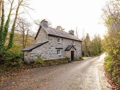 A stone cottage by a road surrounded by trees at Pen y Bont Near Mallwyd