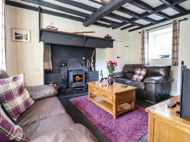 A living room with two leather sofas a wooden coffee table a fireplace and a purple rug at Pen y Bont Near Mallwyd