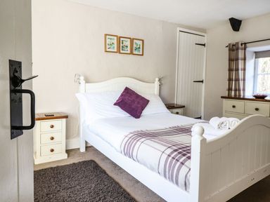 A bedroom with a white bed and purple pillow near a window and bedside tables at Pen y Bont Near Mallwyd