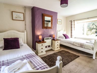 A bedroom with two single beds bedside tables lamps a mirror and a window at Pen y Bont Near Mallwyd