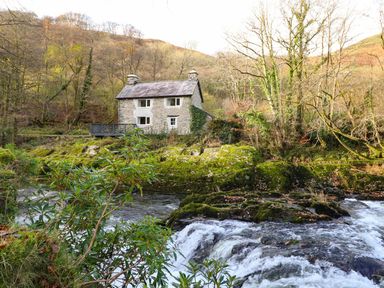A stone house near a flowing river surrounded by trees and mossy rocks at Pen y Bont Near Mallwyd