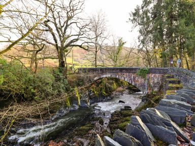 A stone arch bridge over a flowing river surrounded by leafless trees and mossy rocks near Pen y Bont Near Mallwyd
