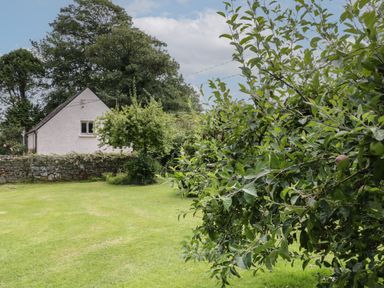 A yard with grass trees and a white house behind a stone wall at The Old Rectory Coach House in Rathmullan County Donegal