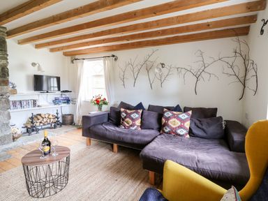A living room with a dark sofa, patterned cushions, a yellow chair, a coffee table with wine and glasses, wooden beams on the ceiling, and decorative branches on the wall at Heron House in Talley near Llandeilo