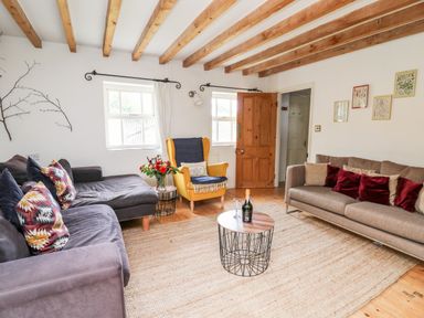 A living room with two sofas an armchair a coffee table and a rug at Heron House in Talley near Llandeilo