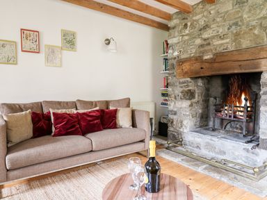 A living room with a sofa red and beige cushions a round wooden table with a bottle and glasses and a lit stone fireplace at Heron House in Talley near Llandeilo