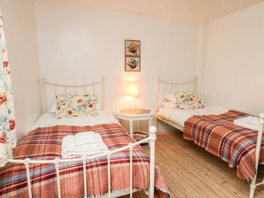 A bedroom with two single beds a side table with a lamp and floral cushions at Heron House in Talley near Llandeilo