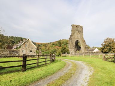 A gravel road leading to a stone house and a large stone ruin surrounded by grass and trees at Heron House in Talley near Llandeilo