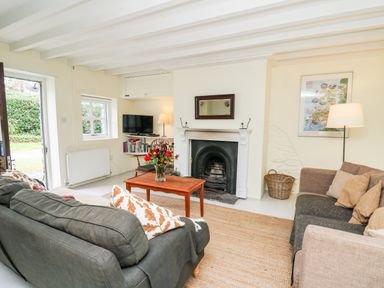 A living room with two sofas a wooden coffee table a fireplace and a television at Buzzards Watch in Talley near Llandeilo