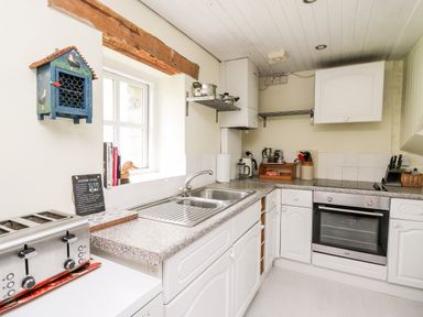 A kitchen with a toaster sink oven and cabinets at Buzzards Watch in Talley near Llandeilo