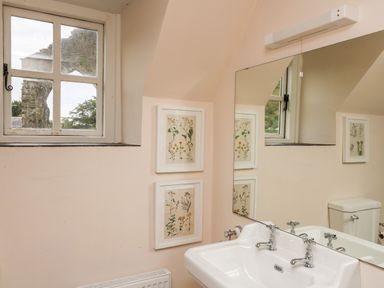 A bathroom with a white sink and mirror two framed botanical prints on the wall and a window showing an outdoor ruin at Buzzards Watch Talley near Llandeilo
