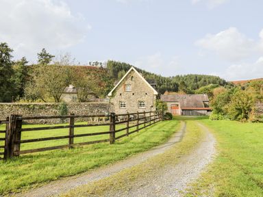 A gravel driveway leading to a stone house with wooden fences and hills in the background at Buzzards Watch Talley near Llandeilo
