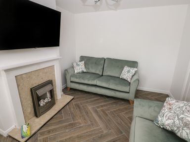 A living room with two green sofas a fireplace and a wall mounted television at 39 Mariners Quay Port Talbot