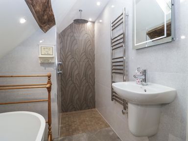 A bathroom with a walk in shower a white sink a heated towel rail and a freestanding bathtub at Hoarders Cottage in Hay-On-Wye
