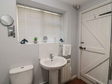 A bathroom with a toilet sink towel rail and window with blinds at Dormouse Cottage in Burton Bradstock