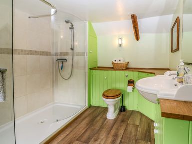 A bathroom with a shower, toilet with wooden seat, double sink, green cabinets, and a basket with toilet paper at Bridge Cottage in Dalwood
