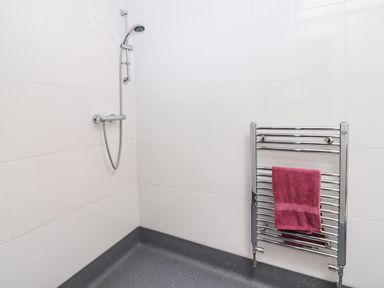 A bathroom corner with a shower and a chrome towel radiator with a pink towel at Bridge Cottage in Dalwood