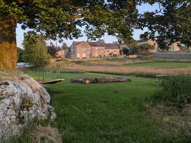 A grassy garden with a tree swing picnic table logs and stone houses in the background at The Dairy at Brackenthwaite Farm in Arnside