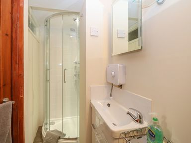 A small bathroom with a corner shower enclosure a sink with a chrome faucet a wall-mounted soap dispenser and a mirror at Pear Tree Barn in Stalham