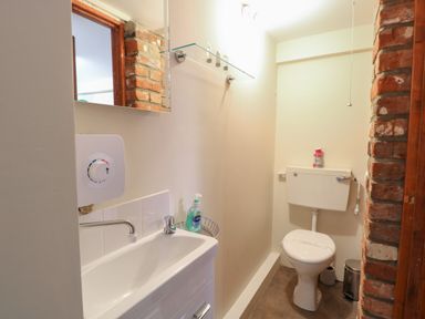 A small bathroom with a toilet a sink a soap dispenser and exposed brick walls at Pear Tree Barn in Stalham