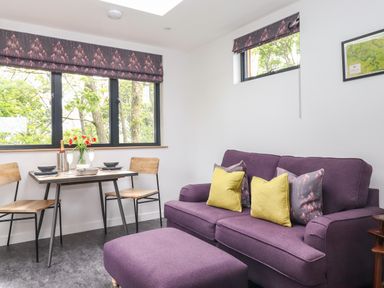 A living room with a purple sofa and yellow and patterned cushions next to a dining table with chairs and a window with floral blinds at Yew Tree Cabin in Ullswater
