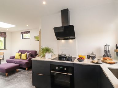 A kitchen with black cabinets and cooking pots on the stove next to a purple sofa with yellow pillows at Yew Tree Cabin in Ullswater
