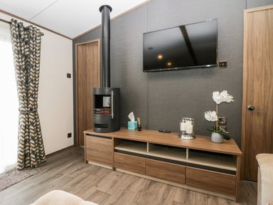 A living room with a wall-mounted tv a wood stove on a wooden cabinet and a white orchid on the cabinet at 43 Pony Meadow in Troutbeck Bridge