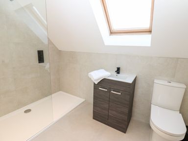A bathroom with a shower area a sink cabinet with a towel and a toilet under a skylight window at Slaley Park Villa in Hexham