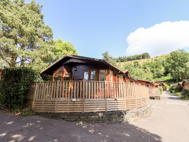 A wooden lodge with a fenced porch surrounded by trees and a driveway at JacMar Lodge 14 Applethwaite Limefitt Park near Windermere