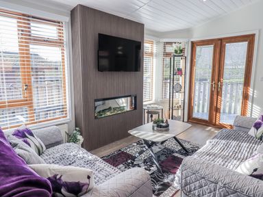 A living room with a television and electric fireplace at JacMar Lodge 14 Applethwaite, Limefitt Park near Windermere