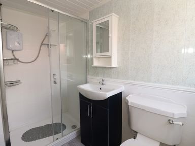 A bathroom with a shower enclosure a sink with cabinet a wall-mounted mirror cabinet and a toilet at Swiss Cottage in Wilsthorpe near Bridlington