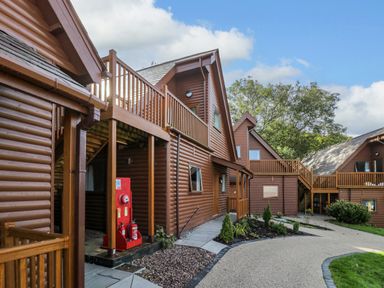 An outdoor view of wooden lodges with balconies and paved pathways surrounded by plants at Classic Lodge 30 in Dyserth