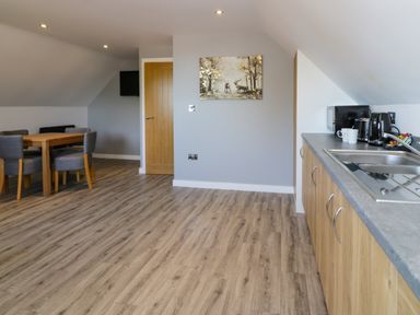 A kitchen area with wooden cabinets and a countertop with a sink and appliances next to a dining area with a wooden table and four chairs at Classic Lodge 30 in Dyserth