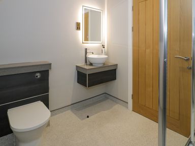 A bathroom with a toilet a floating sink with mirror and a wooden door at Classic Lodge 30 in Dyserth