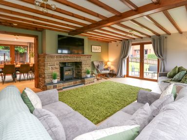 A living room with a stone fireplace a large television two gray sofas a green rug and wooden ceiling beams at Pondarosa in Newbridge-On-Wye