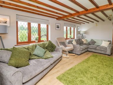 A living room with two gray sofas green cushions a rocking chair green rug wooden beams on ceiling and windows with blinds at Pondarosa in Newbridge-On-Wye