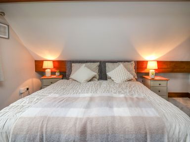 A bedroom with a bed with pillows and blanket two bedside tables with lamps and plants at Pondarosa in Newbridge-On-Wye