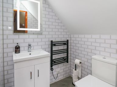 A bathroom with a sink cabinet a lit mirror a black heated towel rail a toilet and toilet paper at Pondarosa in Newbridge-On-Wye