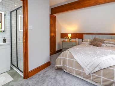 A bedroom with a bed a bedside table with lamp and plants a wooden door and a bathroom with a shower visible at Pondarosa in Newbridge-On-Wye
